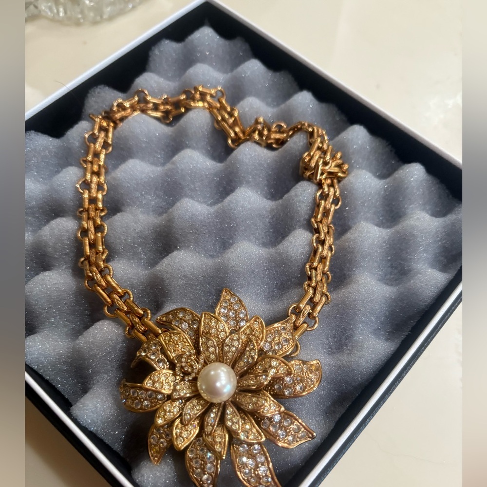 Chanel Gold Crystal & Pearl Camellia Flower Pendant Choker